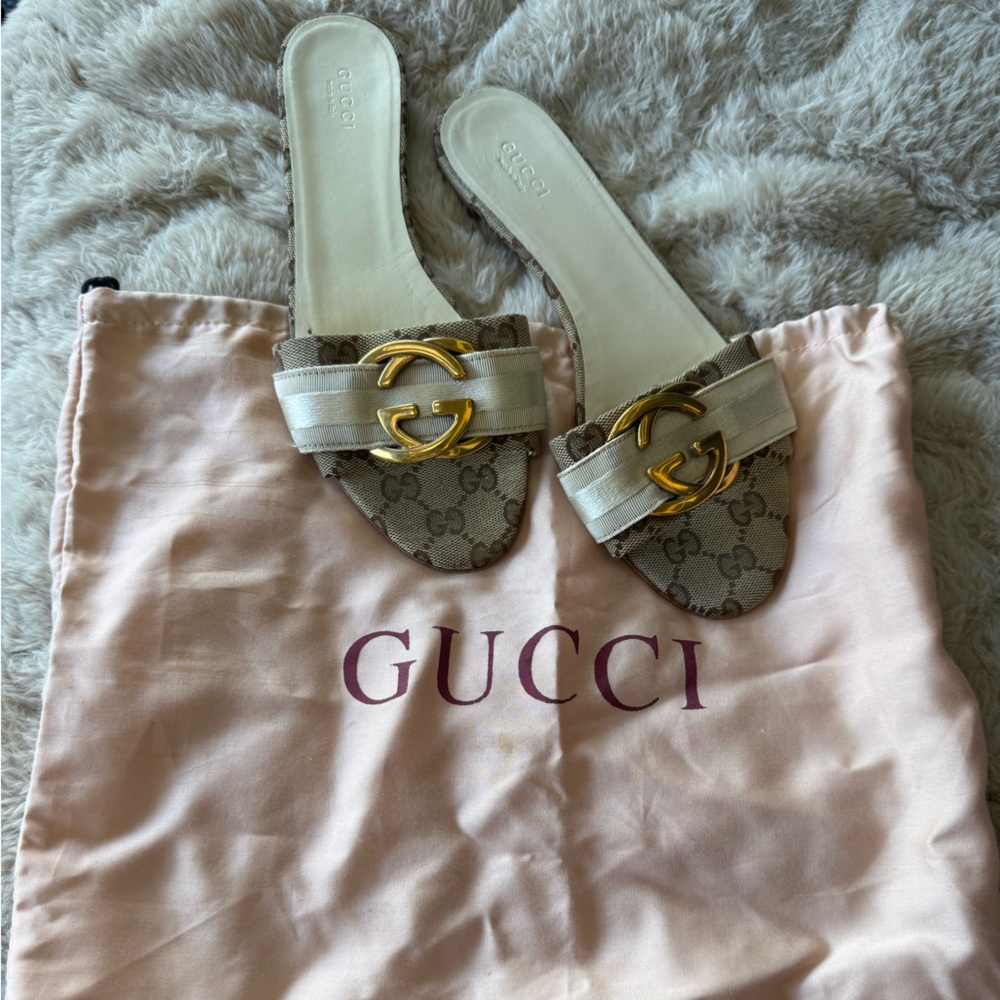 Gucci Beige GG Canvas Slide Sandals with Gold Hardware
